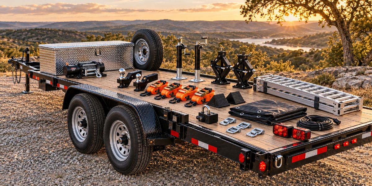 Flatbed trailer loaded with a toolbox, spare tire, winch, jacks, ratchet straps, ramps and lights at sunset